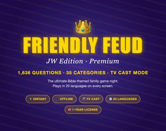 Friendly Feud JW Edition PREMIUM | 1,636 Questions 20 Languages TV Cast Mode | 1-Year License Kingdom Path Studio