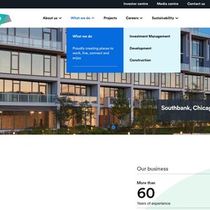 May include: The homepage of the Lendlease website, a real estate company. The image shows a modern apartment building with the text "Southbank, Chicago" below it. The website also features a section about their business with the text "More than 60 years of experience".