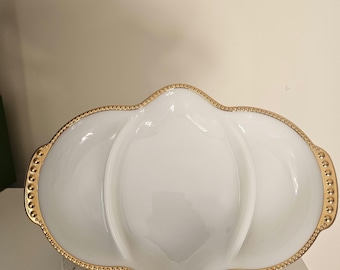 Fire King Milk Glass Tray: Mid-Century Gold Rim Divided Dish