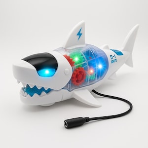 May include: A white toy shark with a clear plastic section revealing colorful gears. The shark has blue accents, a black nose, and a blue lightning bolt on its fin. The text "5-1 IGNITE" is visible on the side. A black cable with a connector extends from the toy.