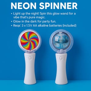 以下が含まれることがあります： 透明なトップが付いた2つの白いネオン・スピナー。1つは虹色の渦巻き模様、もう1つはディスコボールです。「NEON SPINNER」というテキストが上部にあり、製品を説明する箇条書きがあります。
