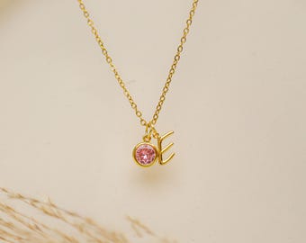 Custom Initial Necklace with Birthstone, Personalized Birthstone Necklace, Gold Initial Necklace, Women Necklace Birthday Gift for Her