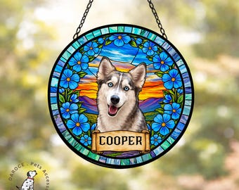 Atrapasueños fotográfico de vidrieras personalizadas para mascotas, retrato personalizado de perro, recuerdo para recordar a una mascota fallecida