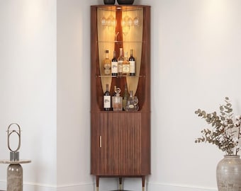 Tall Corner Bar Cabinet, Walnut Liquor Cabinet with Fluted Door, Wine Storage, Glass Shelves, LED Light, Mid Century Modern Home Bar