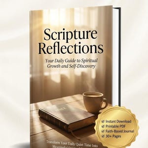 May include: A book cover titled Scripture Reflections: Your Daily Guide to Spiritual Growth and Self-Discovery. The cover features a Bible and a coffee mug on a table. A gold seal lists: Instant Download, Printable PDF, Faith-Based Journal, 30+ Pages.