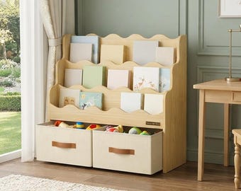 Montessori Scalloped Bookshelf with Drawer, Front Facing Toddler Bookcase