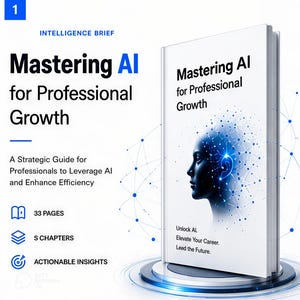 Può includere: Un libro bianco intitolato Mastering AI for Professional Growth con un grafico di una testa umana digitale blu. Il testo recita Intelligence Brief, A Strategic Guide for Professionals to Leverage AI and Enhance Efficiency, 33 pagine, 5 capitoli e Actionable Insights.