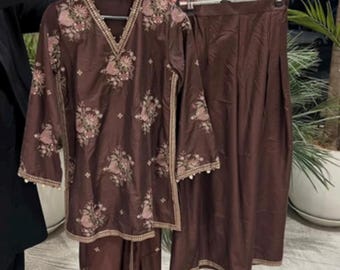 Block Printed Maxi Dress: Pakistani Kurta Shalwar Dupatta, Size Medium