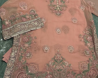 Embroidered Organza Pakistani Suit: Chiffon Dupatta, Raw Silk Bottom