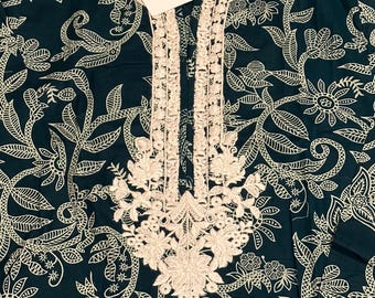 Embroidered Pakistani Suit: Printed Kurta, Wide Leg Trousers, Dupatta (Medium)