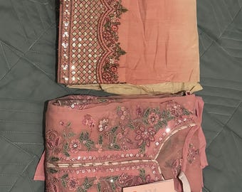 Embroidered Organza Pakistani Suit: Chiffon Dupatta, Raw Silk Bottom