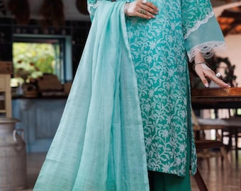 Block Printed Pakistani Suit: Almirah Brand, Lace Details, Medium