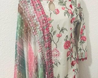 Embroidered Chikan Kari Pakistani Suit: Silk Chiffon Dupatta, Wide Leg Trousers