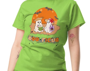 Boricua Halloween unisex T-shirt, Boo-ricua Ghosts with coconut and jibaro hat. A Halloween gift with Puerto Rican pride.