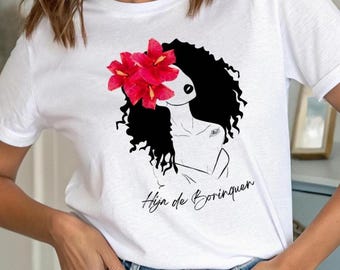 T-shirt with Maga Flower, Daughter of Borinquen, National Flower of Puerto Rico, Girl with curly hair.