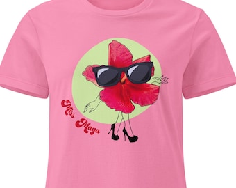 Miss Maga T-shirt for Boricua women featuring a maga flower. Ideal gift for Puerto Rican women with a maga flower cartoon. Boricua Diva.