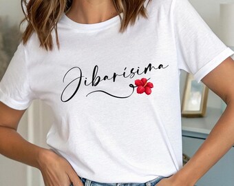 Jibarísima Women's T-Shirt, Minimalist Puerto Rican Women's T-Shirt with a tropical flower.