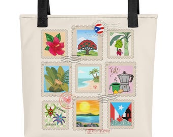 Puerto Rican Postage Stamp Style Tote Bag, Printed Canvas Bag, Puerto Rican Prints, Puerto Rican Souvenirs.