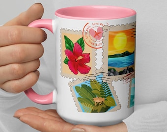 Postage Stamp Design Mug, Puerto Rican Coffee Mug with Colored Interior, Puerto Rican Gift Mug. Puerto Rican Prints.