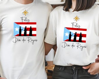 Happy Three Kings Day T-shirt, Puerto Rican Christmas T-shirt with the Puerto Rican flag and the silhouette of the Three Wise Men.