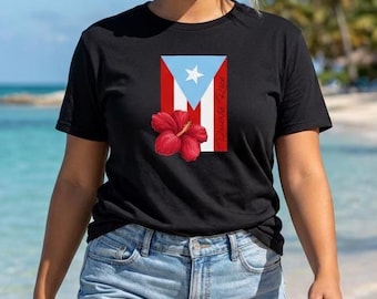Women's Sky Blue Puerto Rico Flag T-Shirt with Maga Flower