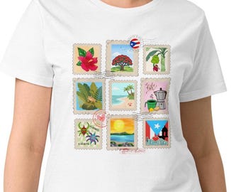 Puerto Rican Postage Stamp Style T-Shirt, Puerto Rican Stamps, Puerto Rican Prints, Puerto Rican Souvenirs.