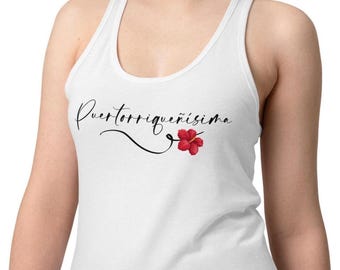 Puertorriqueñísima racerback tank top for women, maga flower.