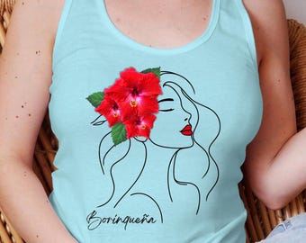 Borinqueña Amapola Tank Top, Boricua Women's T-Shirt, Puerto Rico Tank top, Tropical Racerback, Boricua Gift, Island Pride, Red Hibiscus top