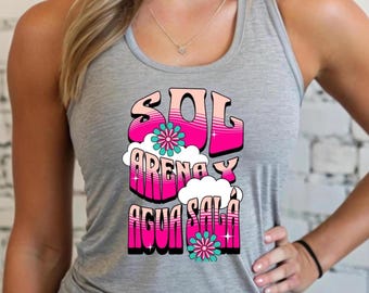 Racerback style sleeveless t-shirt with frase 'Sun, sand and salt water', Retro beach style t-shirt, Beach t-shirt, Tank top for the beach.