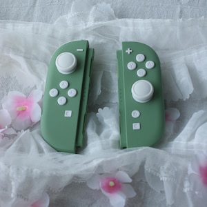 May include: A pair of sage green video game controllers featuring white analog sticks and white buttons. The left controller includes a directional pad and a minus button, while the right controller features A, B, X, Y buttons, a plus button, and home buttons.