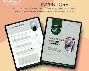 May include: Two digital tablets displaying a self-discovery inventory for teens. The inventory is designed to help teens understand their strengths and prepare for future career exploration. The text on the tablets reads "Teen Skills & Strengths Inventory".
