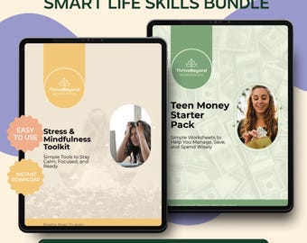 Può includere: Due tablet digitali che mostrano quaderni didattici. Un tablet presenta un kit di strumenti per lo stress e la consapevolezza, l'altro un Teen Money Starter Pack. Il pacchetto è progettato per aiutare gli adolescenti a gestire denaro e stress.