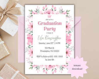 Puede incluir: Una invitación rosa para una fiesta de graduación con detalles florales. La invitación presenta el texto "Graduation Party" y los detalles de la graduación de Lila Kensington. Incluye información de RSVP y un gráfico de "descarga instantánea".