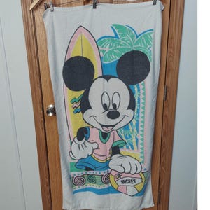 Vintage Disney Mickey Mouse Beach Towel 90s Surf Surfboard Franco Cotton USA image 1
