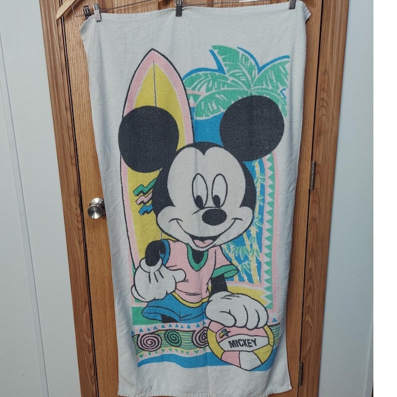Vintage Disney Mickey Mouse Beach Towel 90s Surf Surfboard Franco Cotton USA image 1