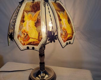 Vintage Guardian Angel Watching Over Children 21" Touch Lamp Pewter 3 Way