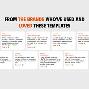 May include: A white graphic with the text "FROM THE BRANDS WHO'VE USED AND LOVED THESE TEMPLATES" in black and orange. Below are customer testimonials with star ratings, quotes, and names, including "Alisa G." and "Khalid B."