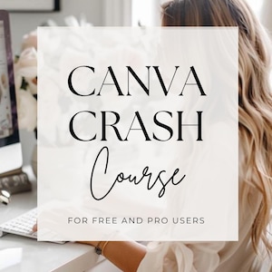 May include: A person using a computer with the text "CANVA CRASH COURSE" in a white square. The text below reads "FOR FREE AND PRO USERS". The background is blurred with flowers and a window.