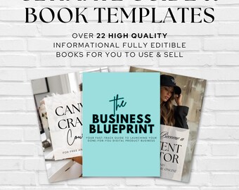 Puede incluir: Una pila de plantillas de libros informativos con el texto "ULTIMATE GUIDE & BOOK TEMPLATES". El libro central es de color azul claro y tiene el texto "the BUSINESS BLUEPRINT". Otros libros son visibles.