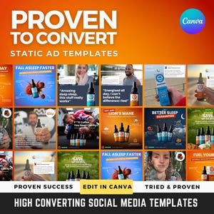 Op de afbeelding: Een promotieafbeelding met de tekst "BEWEZEN OM TE CONVERTEREN" en "STATISCHE AD TEMPLATES". Het toont verschillende sjablonen voor social media advertenties, inclusief productflessen en getuigenissen van klanten. Het Canva-logo is zichtbaar.