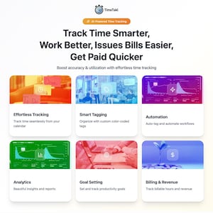 May include: A promotional graphic for TimeTakl, an AI-powered time tracking application. The image features the TimeTakl logo, a clock icon, and text that reads "Track Time Smarter, Work Better, Issues Bills Easier, Get Paid Quicker." It also showcases features like effortless tracking, smart tagging, and automation.