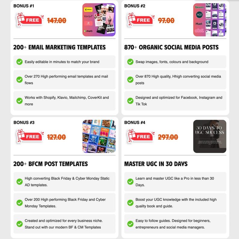 May include: Promotional graphic with four bonus offers. Each bonus is labeled with a number and includes the word "FREE" with a price. The offers include email marketing templates, social media posts, BFCM post templates, and a UGC course.