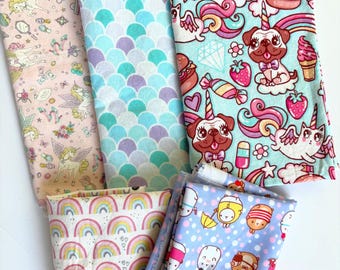 Whimsical and magic theme fabric bundle , fat quarters , cotton fabric, quilting supplies,  fabric bundle, mermaids fabric , unicorns fabric