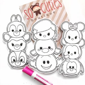 May include: A set of eight black and white outline character designs for coloring. The characters are from popular Disney movies. The designs are on a white background. The characters include Mickey Mouse, Minnie Mouse, Ariel, Olaf, and more.