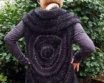 Black and gold sparkly Cobweb Cape, hand crocheted in a variety of black yarns including mohair, UK size medium