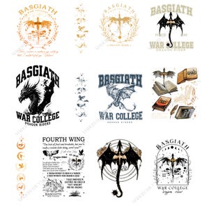 May include: A selection of graphic designs featuring dragons, text, and the words "Basgiath War College" and "Dragon Rider." Designs include dragons with wings, books, and celestial elements. The color palette includes gold, black, and blue.