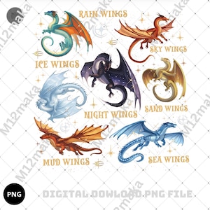 May include: Digital illustration of eight dragons with different wing styles and names such as "Rain Wings" and "Ice Wings." The dragons are set against a white background with gold star accents, ideal for fantasy art lovers.