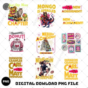 May include: A collection of digital PNG files featuring various designs. The designs include cartoon cats, text like "Chapter," "Mongo is Appalled," and "New Achievement!" The color palette includes gold, pink, and white.