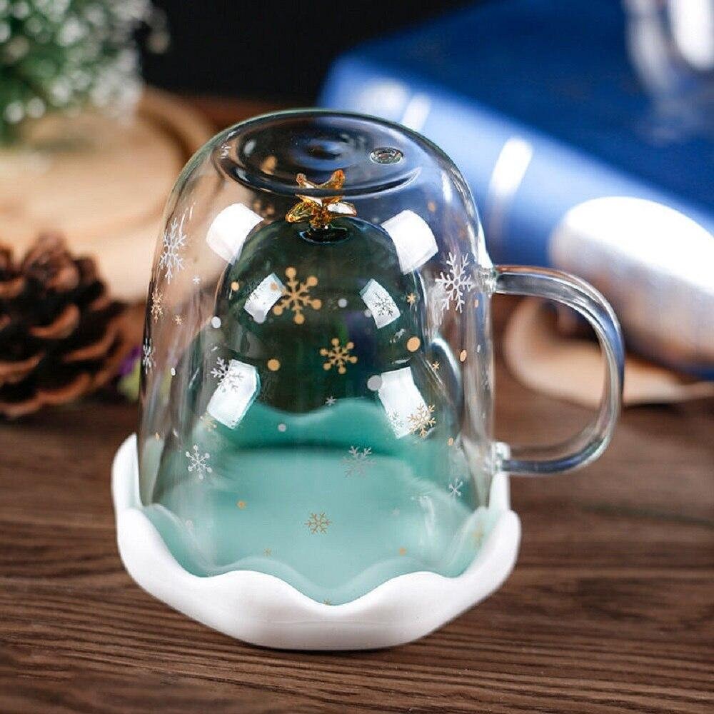 Christmas Tree Glass Mug Xmas Double Wall Glass Cup With Lid Etsy