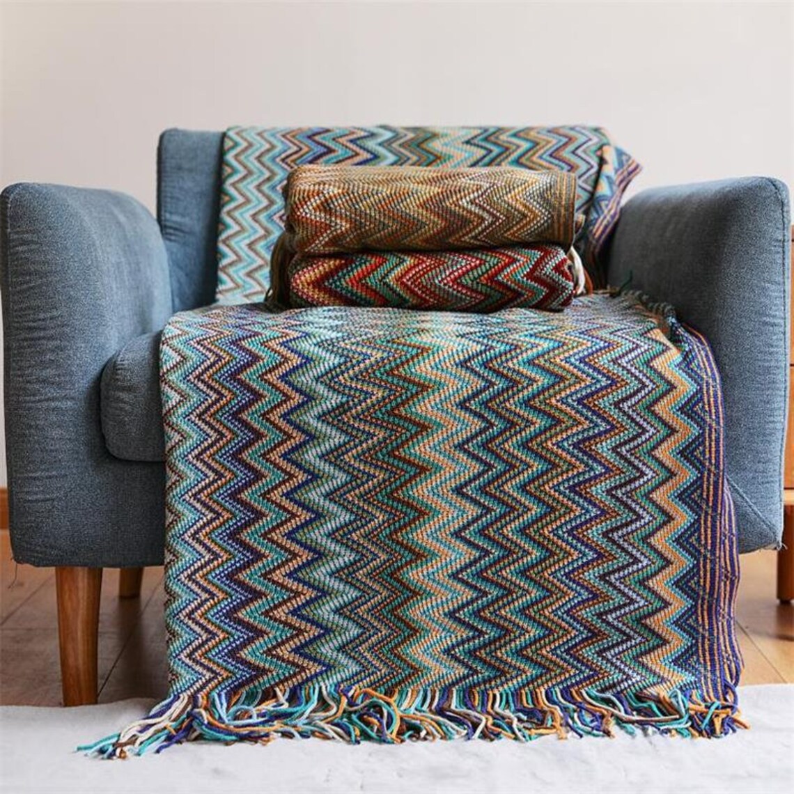Bohemian Day Throw Sofa Cover Blanket Zigzag Stripes Knitted Etsy